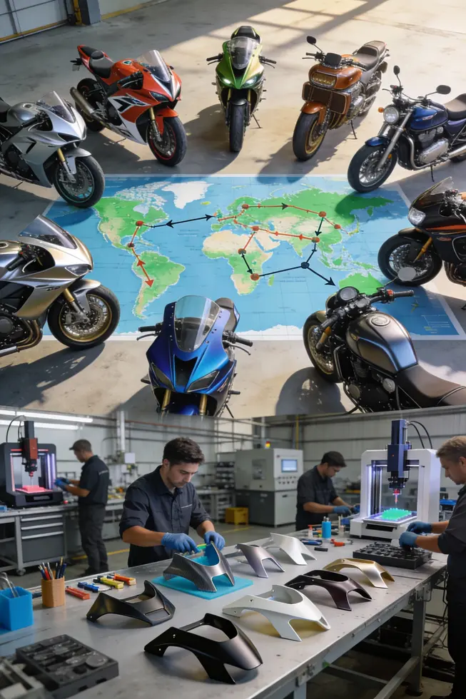 Full fairing shown in a wind tunnel diagram, illustrating drag reduction and high-speed stability.