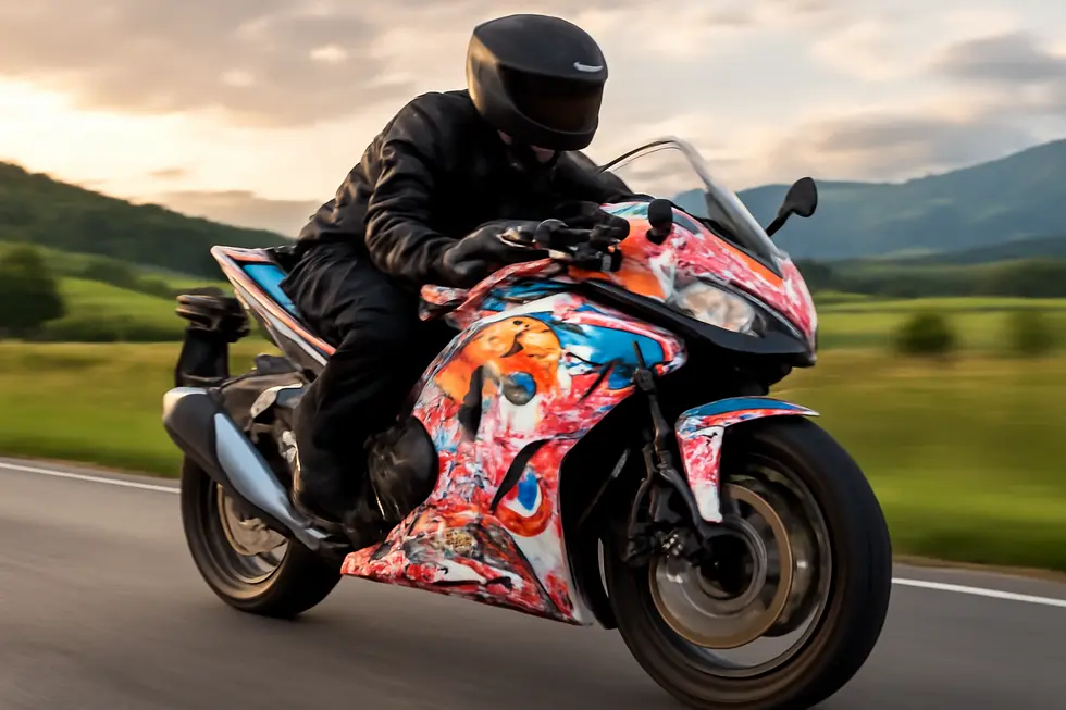 A motorcycle with striking anime fairings racing through a beautiful landscape, showcasing artistic and cultural expression.