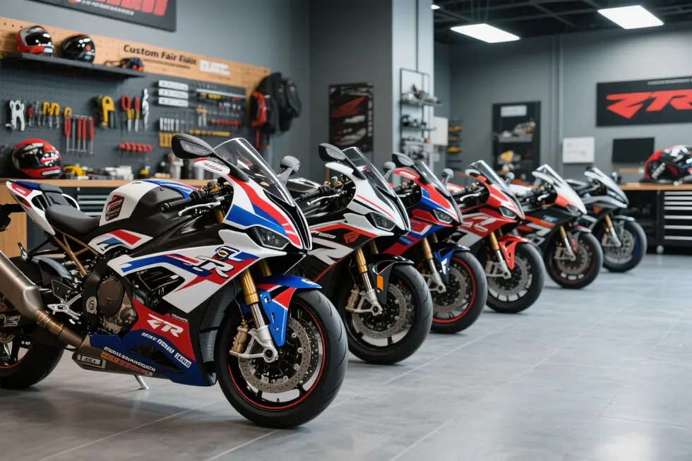 Cover image of motorcycles with customized fairing decals in a showroom and workshop setting