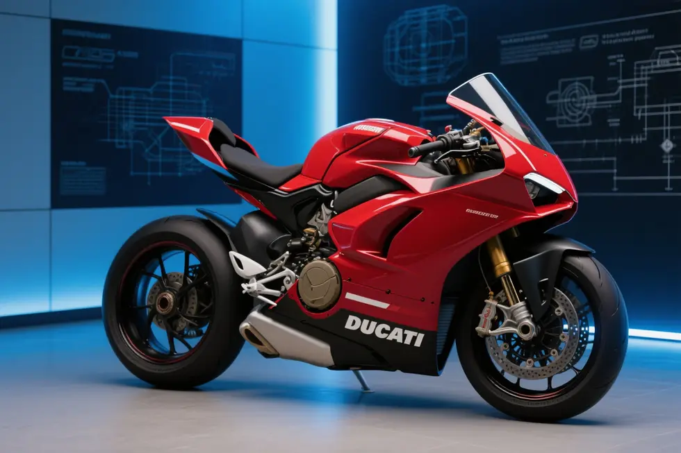 A Ducati superbike with glossy red fairings on display in a showroom, with engineering diagrams in the backdrop.