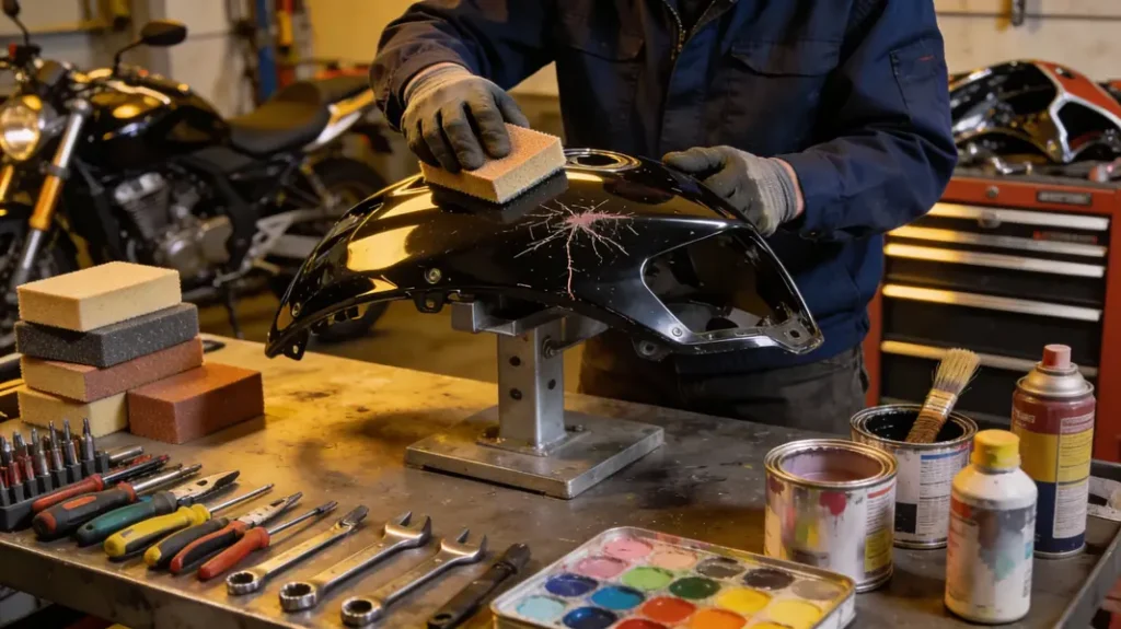 A well-equipped workshop where a technician repairs a scratched motorcycle fairing on a stand.