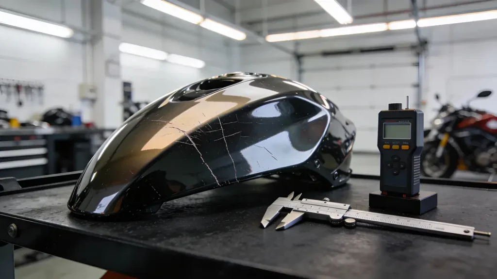 Cover image of a professional motorcycle fairing scratch repair scene in a shop.