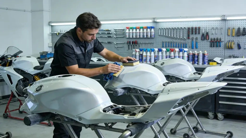 A photo-realistic cover image of a workshop where fairings are prepped for painting, showing a technician and organized tools.