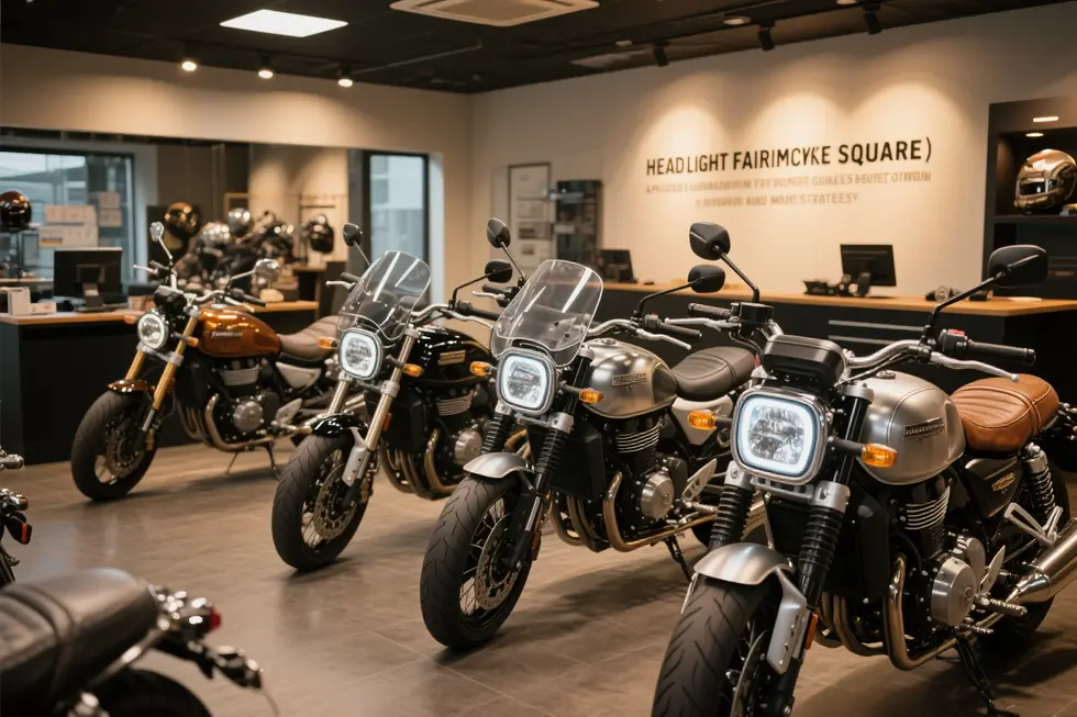 Showroom scene with motorcycles showcasing square headlight fairings, highlighting durability and design variety.