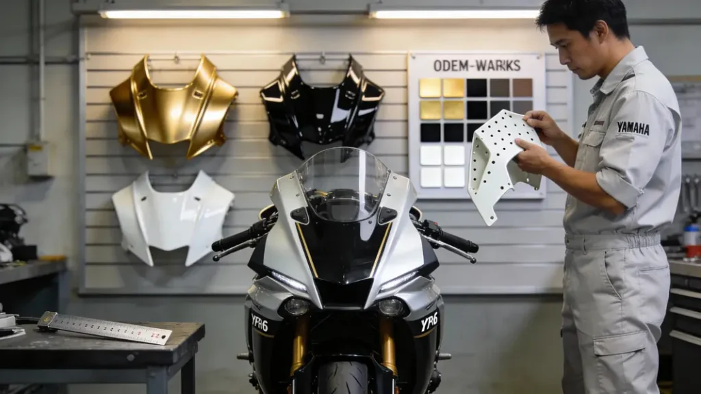 Photorealistic cover image of Yamaha YZF-R6 fairings in gold/black and pearl white on display in a workshop.