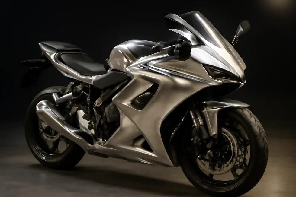 A sleek motorcycle featuring aluminium fairings, representing modern design and innovation.