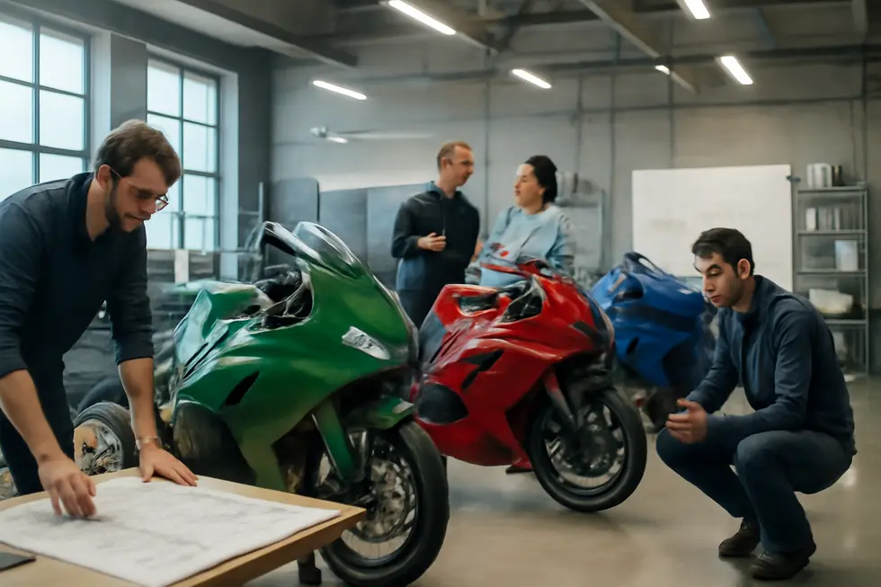 Engineers and designers work on motorcycles with custom fairings in a high-end workshop, illustrating business-scale customization.
