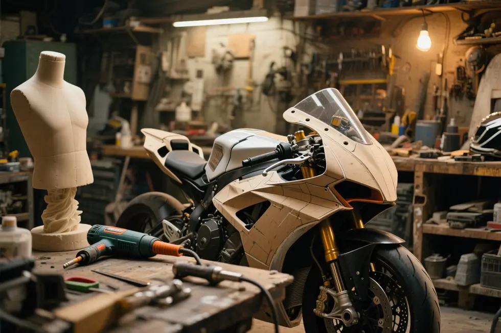 A detailed, photo-realistic cover image of a workshop with a motorcycle undergoing a homemade fairing build.