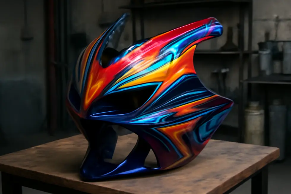 A striking custom-painted motorcycle fairing illustrating skilled craftsmanship.