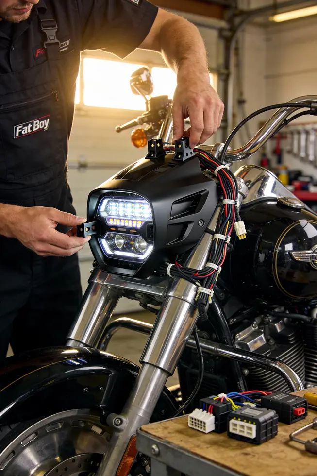 Nacelle headlight fairing and its core components on a Fat Boy.