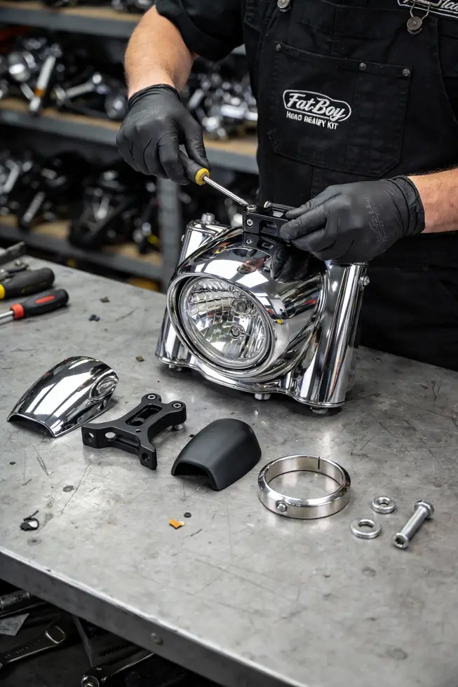 Nacelle headlight fairing and its core components on a Fat Boy.