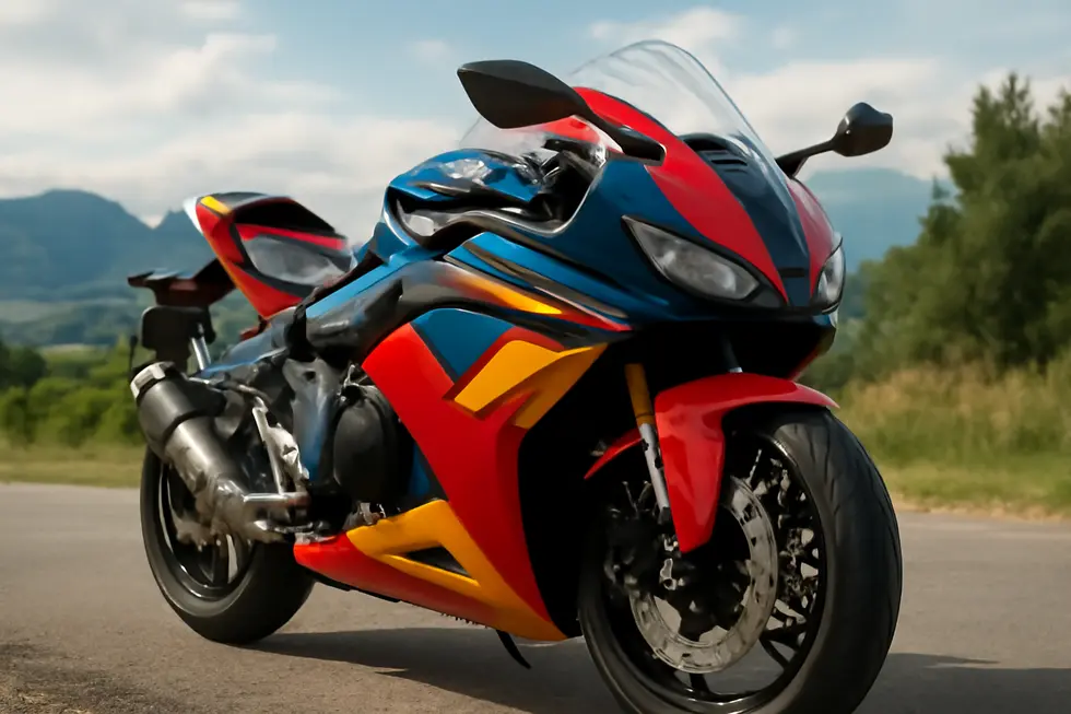 A motorcycle featuring vibrant aftermarket fairings, set against a picturesque backdrop.