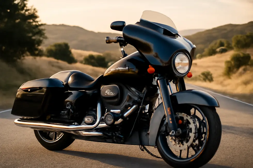 Harley Davidson motorcycle on an open road, clearly showing its fairings, ready for adventure.