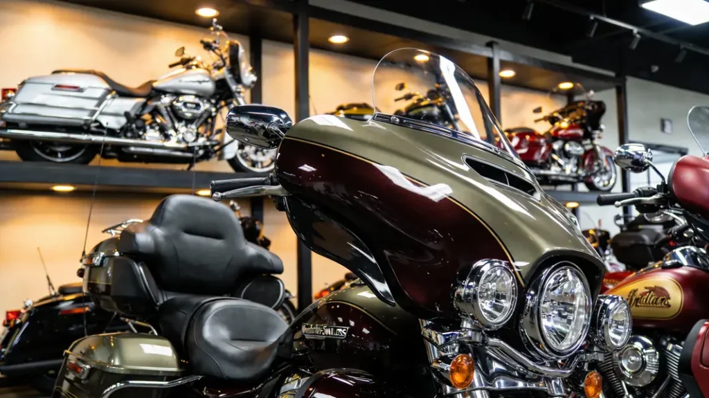 Dealership display with Memphis Shades Batwing and Gauntlet fairings on motorcycles.