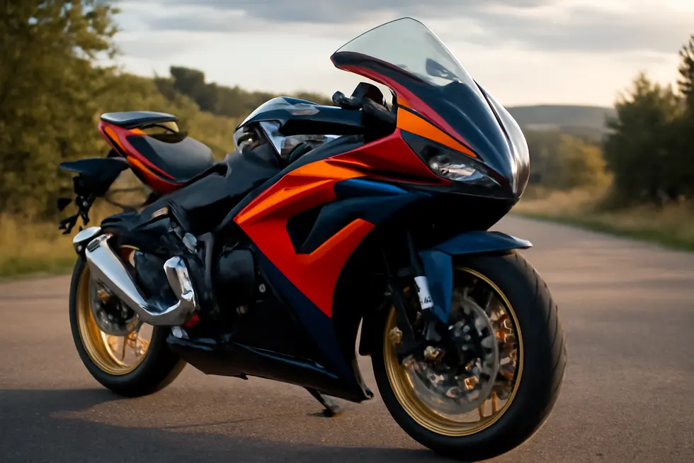 A motorcycle with a custom-designed fairing, showcasing its sleek appearance and aerodynamic functionality in an outdoor setting.