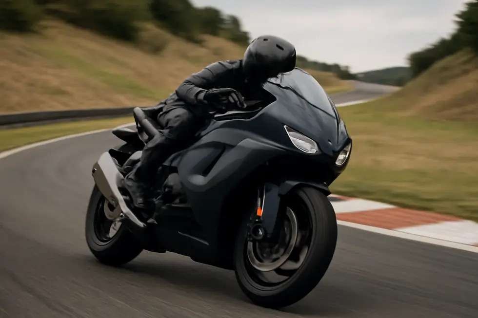 A motorcycle in motion on a racetrack, showcasing an aerodynamic fairing designed for high performance.