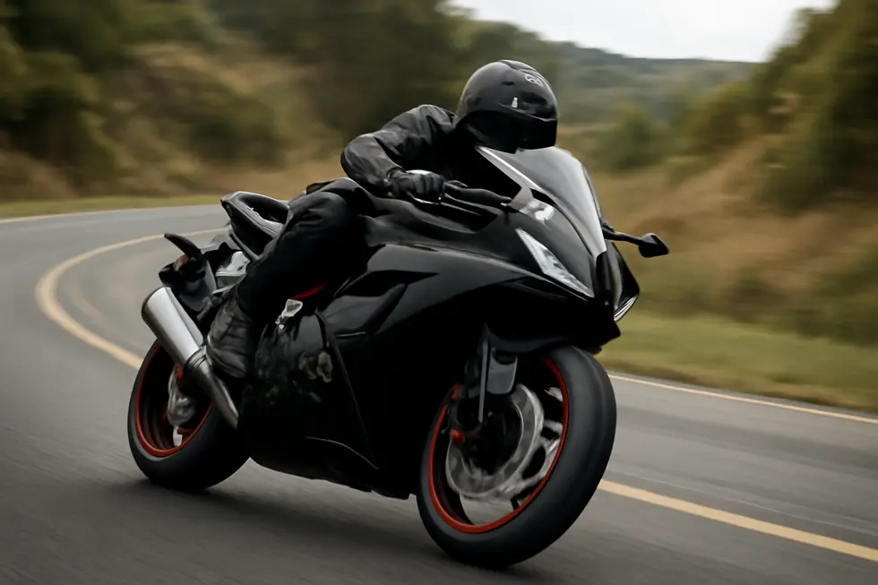 A motorcycle demonstrating aerodynamic fairings while racing down a scenic road.
