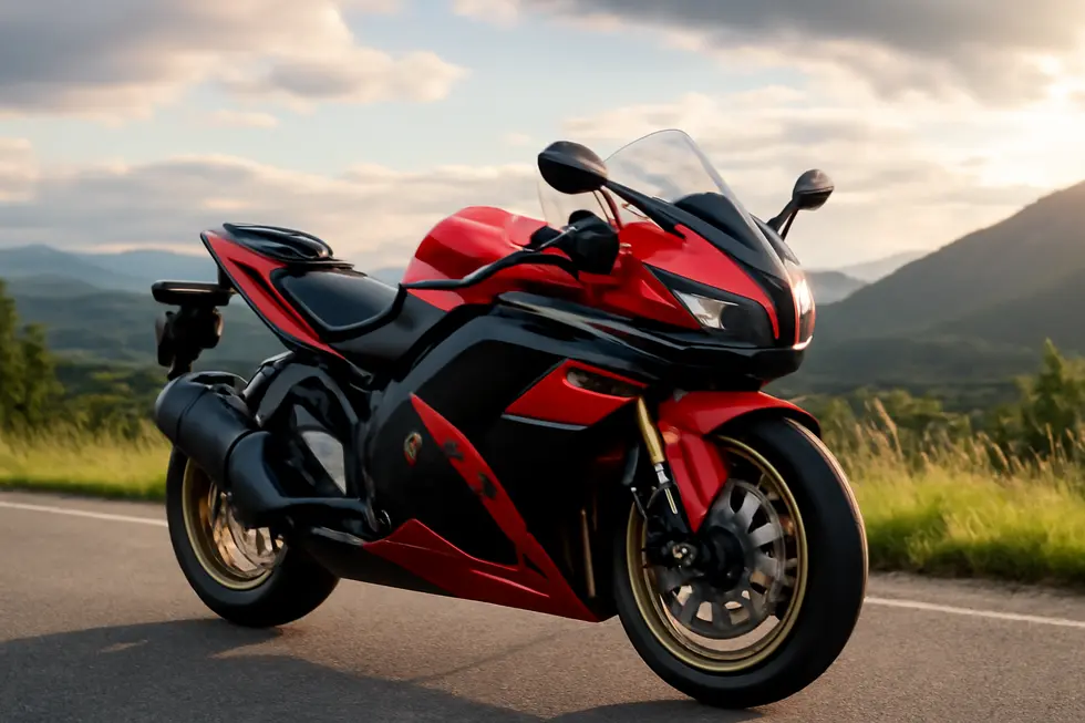A motorcycle with sleek fairings parked against a scenic backdrop
