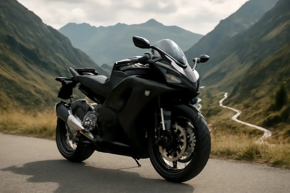 A motorcycle with fairings on a scenic road highlighting performance and design.