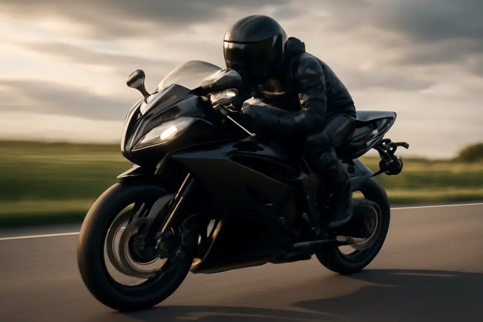 A motorcycle in motion on a scenic road, emphasizing its aerodynamic fairings and the excitement of the ride.