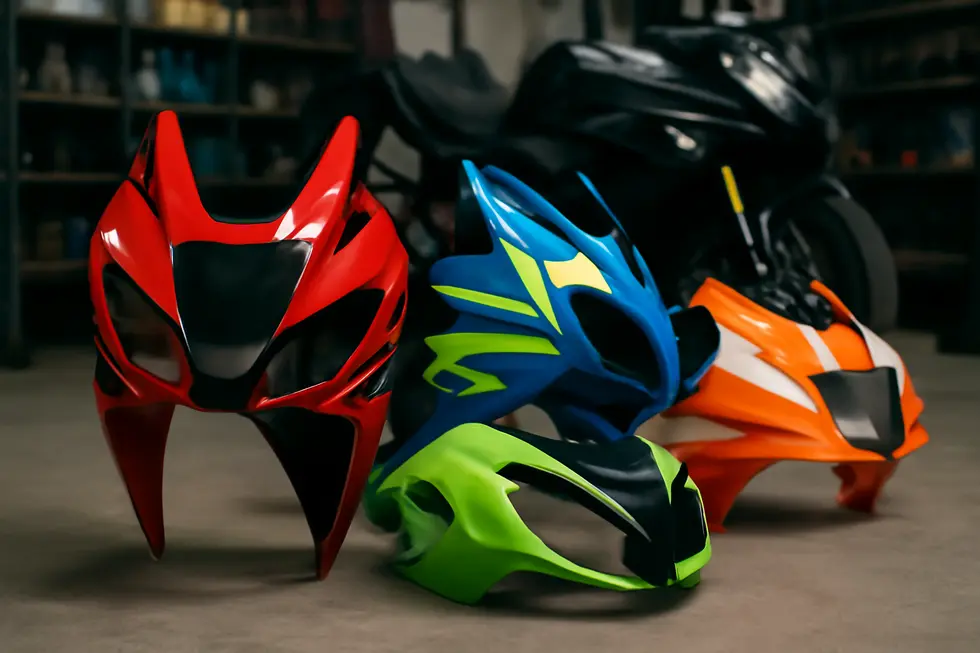 A display of various motorcycle fairings in a motorcycle workshop, representing the affordability and variety of aftermarket options.