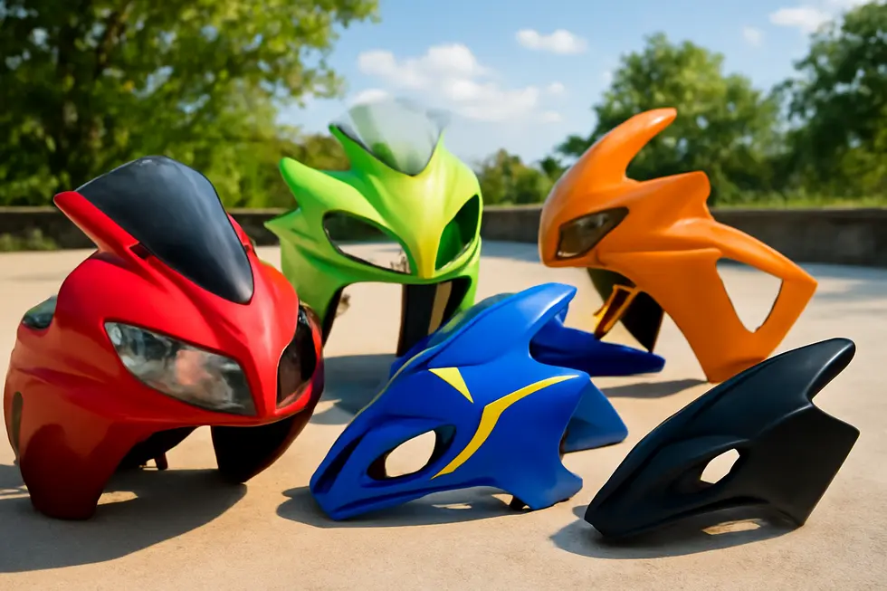 An array of motorcycle fairings displayed beautifully in nature, emphasizing their design and vibrancy.