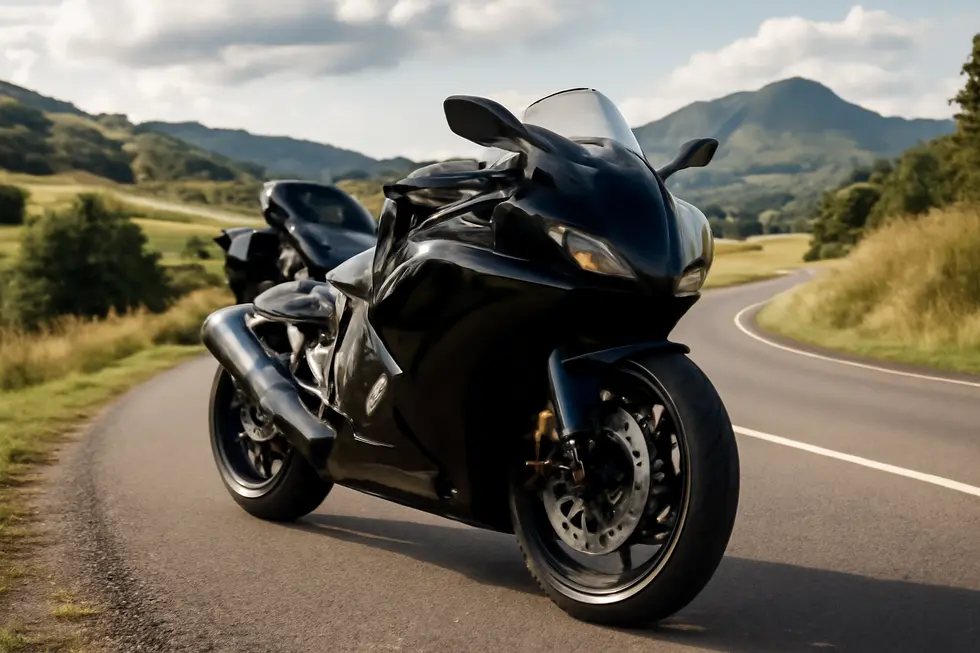 Motorcycle with performance-enhancing fairings on a winding road amidst beautiful scenery, highlighting the article's subject.