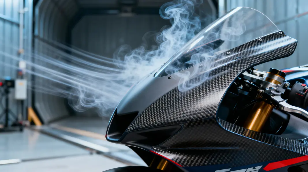 Custom race fairings being tested for aerodynamic efficiency in a controlled environment.