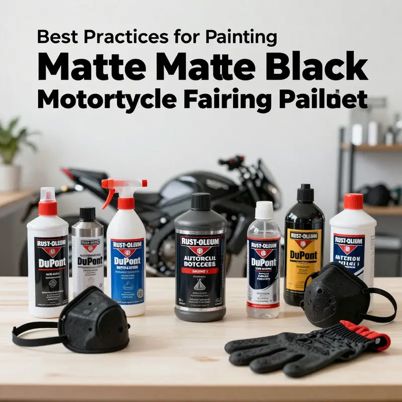 Essential materials and tools for preparing motorcycle fairings for a matte black paint job.