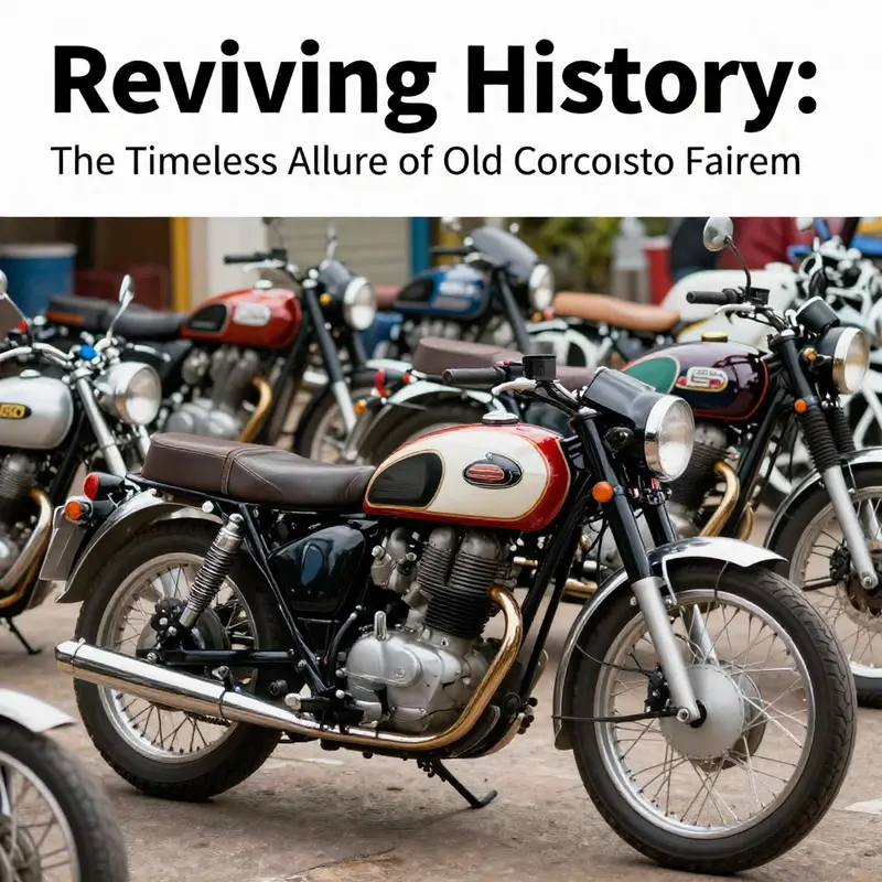 A picturesque display of vintage motorcycles with unique fairings, representing the charm of classic bike design.