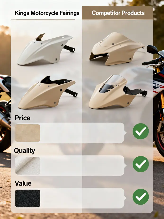 A vibrant display of Kings Motorcycle Fairings showcasing diverse product offerings for various motorcycle models.