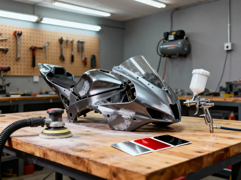 Preparation for painting motorcycle fairings, highlighting equipment and materials showcasing the cost factors involved.