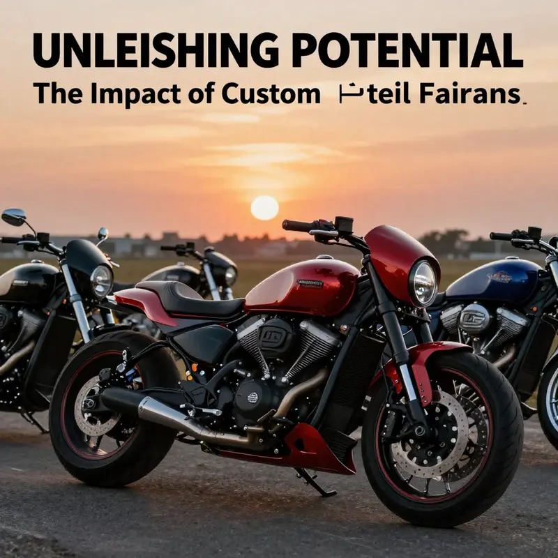 A collection of custom motorcycles with distinct tail fairings against a sunset backdrop, highlighting the culture of customization.
