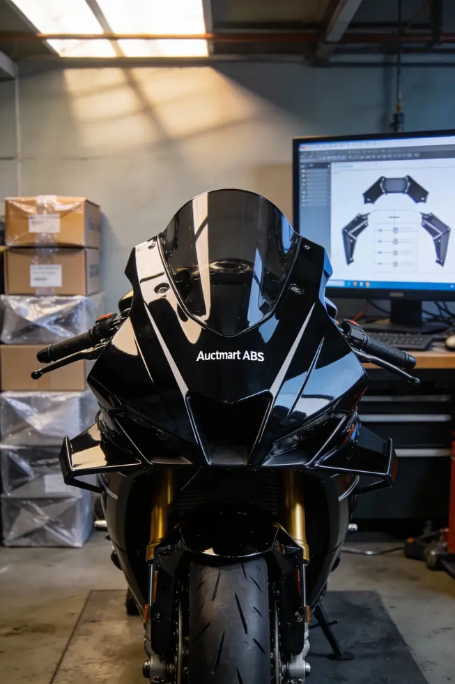Sportbike outfitted with Auctmart ABS fairings in a well-lit, professional workshop environment.