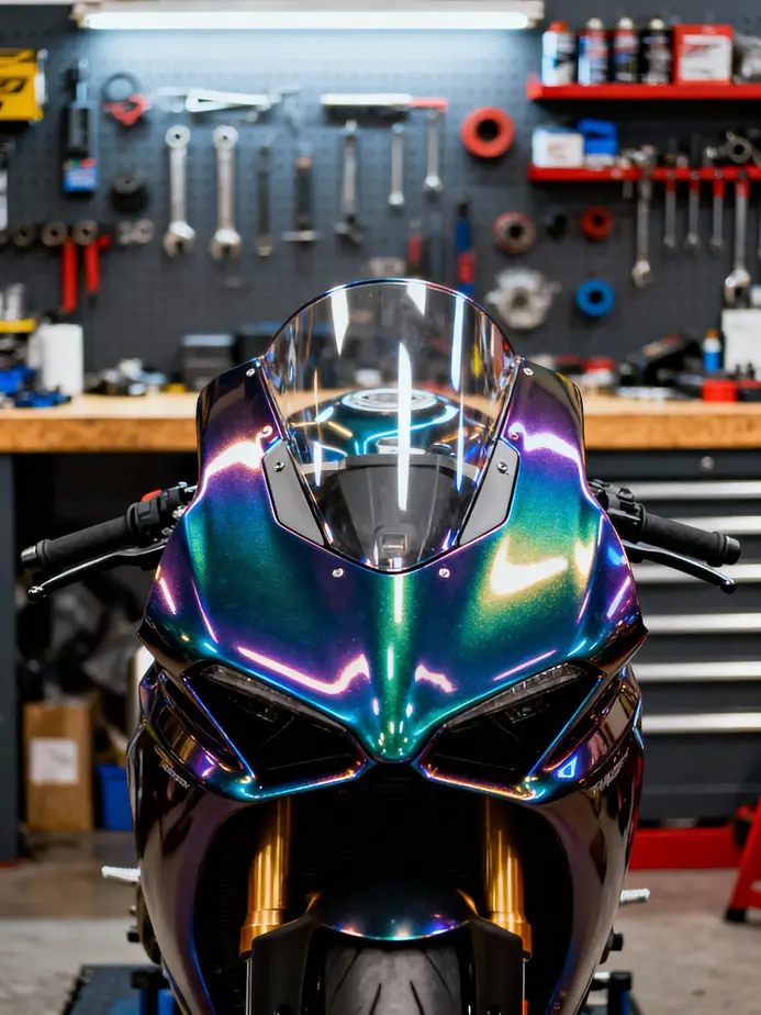 A restored motorcycle with shiny fairings displayed in a motorcycle repair shop.
