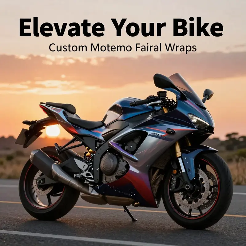 Motorcycle featuring a glossy vinyl wrap against a sunset backdrop, representing customization and adventure.