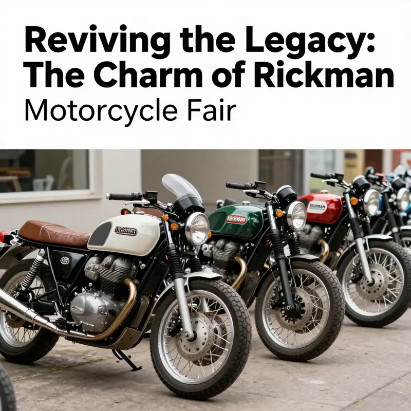 Multiple Rickman motorcycles parked together, displaying distinct fairing styles and showcasing the café racer aesthetic.