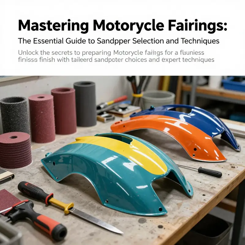 A workshop filled with motorcycle fairings at various preparation stages and sandpaper tools.