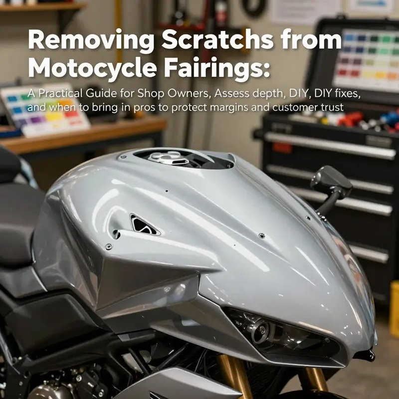 Close-up of a scratched motorcycle fairing in a workshop during inspection.