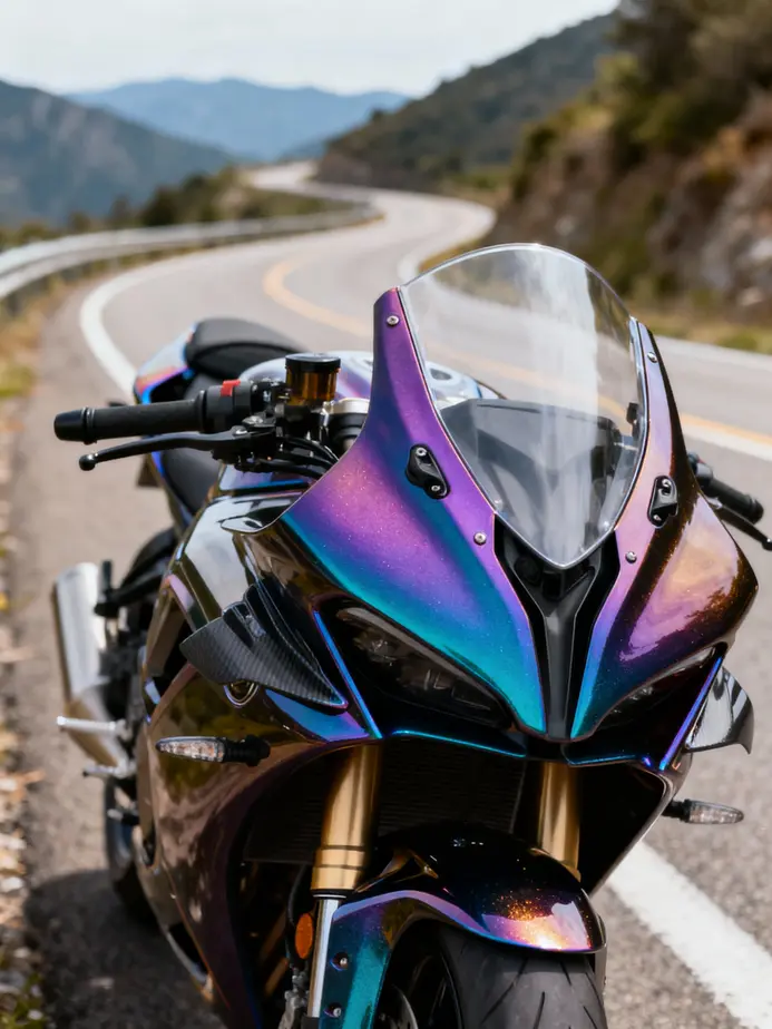 A motorcycle with beautifully painted fairings parked in a scenic area, illustrating quality craftsmanship.