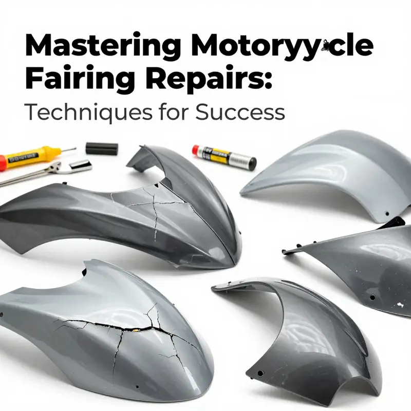 Various cracked motorcycle fairings displaying multiple repair techniques in process.