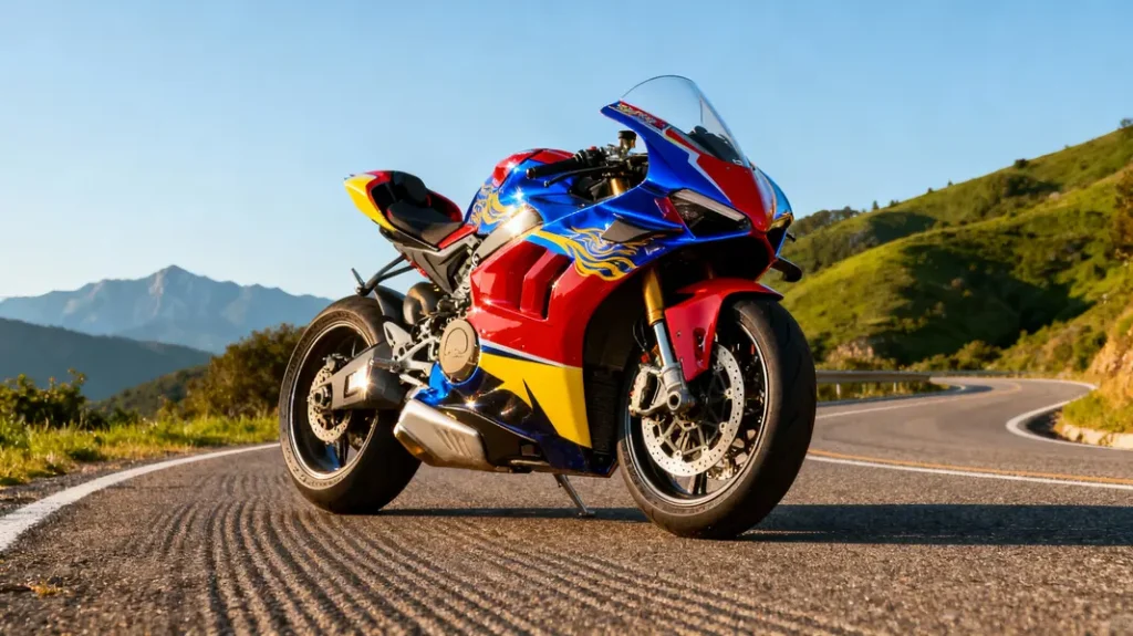 A motorcycle on an open road featuring eye-catching custom fairings that exemplify personalization and style.