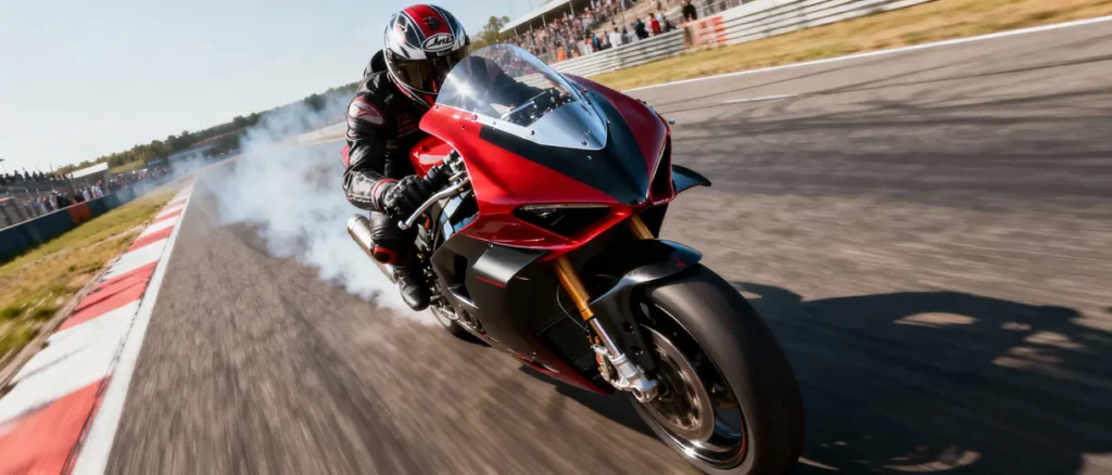 A custom motorcycle race fairing enhancing speed and aesthetics on a racetrack.