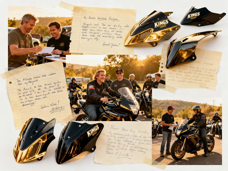 A vibrant display of Kings Motorcycle Fairings showcasing diverse product offerings for various motorcycle models.