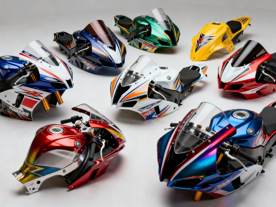 Custom race fairings being tested for aerodynamic efficiency in a controlled environment.