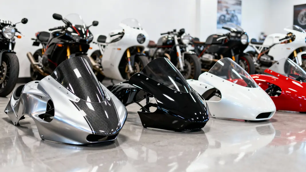 Showcasing a variety of custom motorcycle fairings highlighting color and design options.