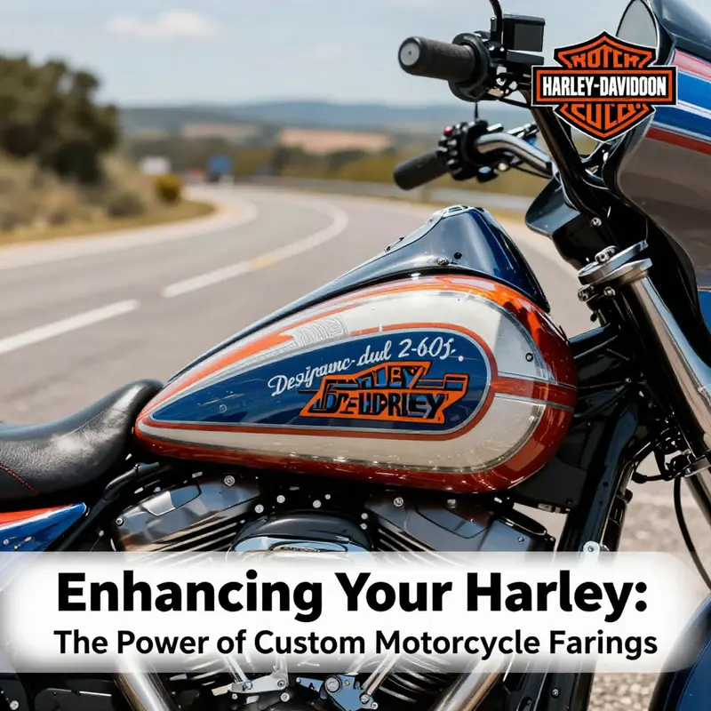 Custom motorcycle fairing showcasing unique design elements and colorful aesthetics tailored for Harley-Davidson.