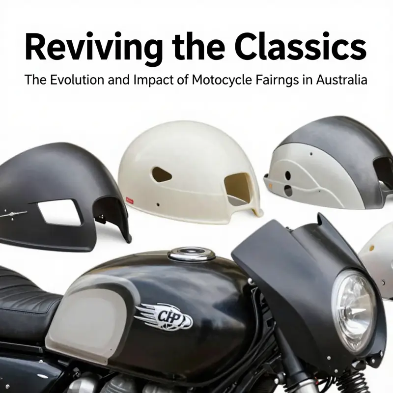 Visual representation of the historical evolution of classic motorcycle fairings in Australia.