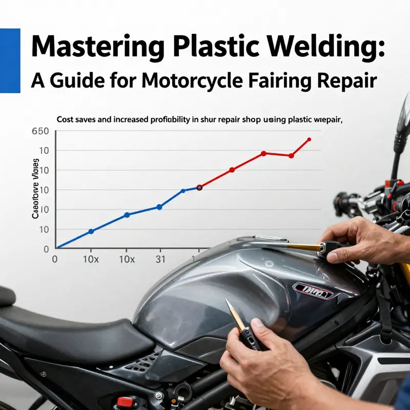 Technician using precise plastic welding techniques on a motorcycle fairing for seamless repairs.