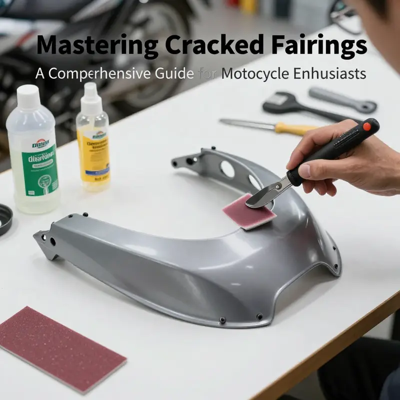 Mechanic assessing different types of cracks on a motorcycle fairing.